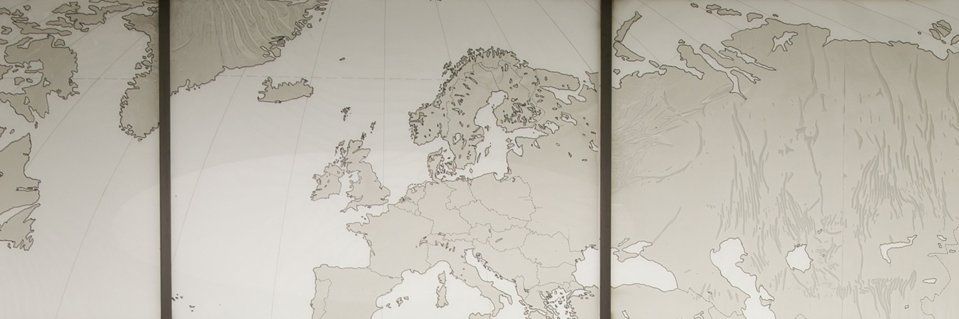 World map display as seen on the Indiana University Bloomington campus.