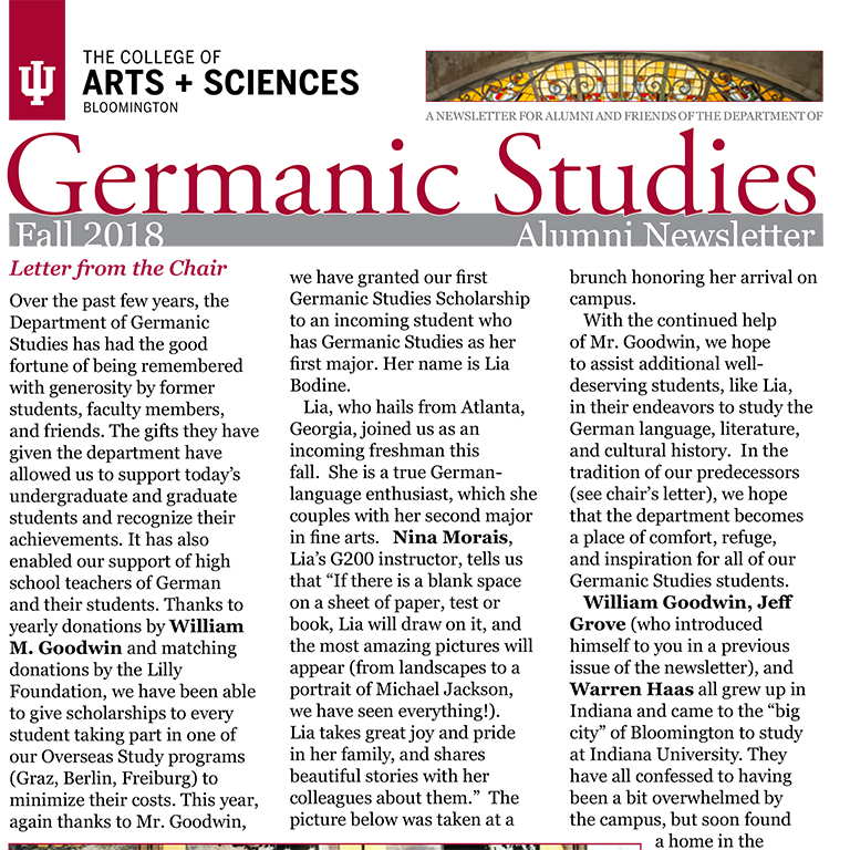 Image of Fall 2018 Germanic Studies newsletter.