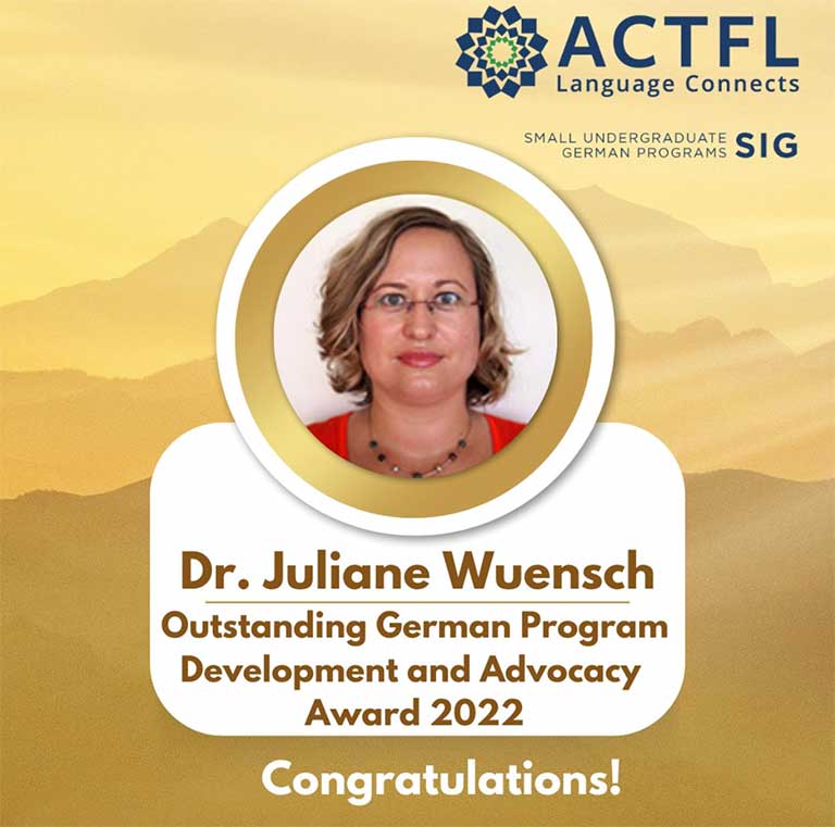 A graphic of Juliane Wuensch's award for Outstanding German Program Development and Advocacy.