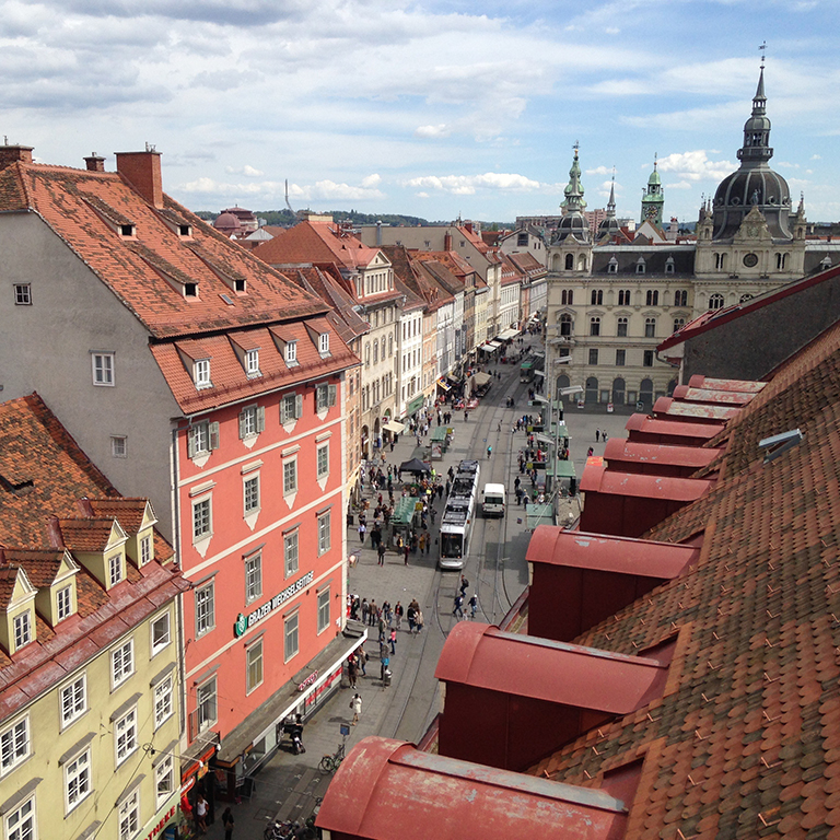 View of the city from a rooftop in Graz, Austria. 